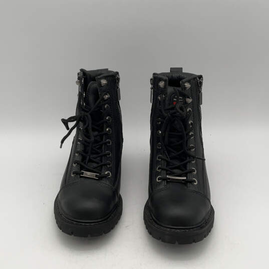 Womens Black Leather Round Toe Lace-Up Motorcycle Boots Size 10 C image number 2