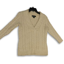 Womens Beige Cable Knit V-Neck Long Sleeve Pullover Sweater Size Small
