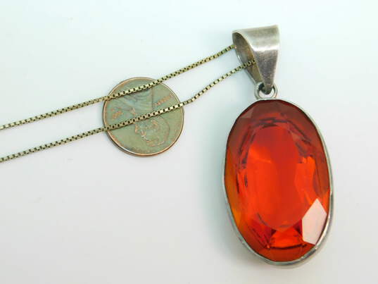 ATI Mexico & Artisan 925 Red & Orange Faceted Glass Oval Statement Pendant Necklace & Chevron Chain Bracelet 37.4g image number 5