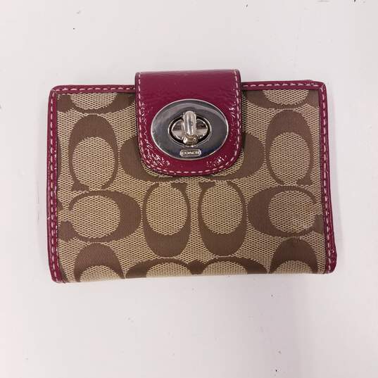 Coach Signature Canvas Bifold Wallet Turnlock Brown Burgundy image number 1