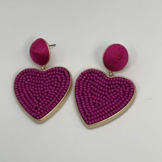Designer J. Crew Gold-Tone Purple Beaded Heart Shape Drop Earrings image number 3
