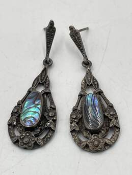 925 Sterling Silver Womens Blue Abalone Stone Engraved Dangle Earrings 8.8g
