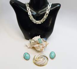 Vintage Sarah Coventry & Coro Silvertone & Goldtone Chain Choker Necklace Faux Turquoise Clip Earrings Paneled Bracelet & Swirl Brooch 104.5g