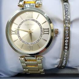 Ellen Tracy 36mm Gold Tone Case Quartz Watch Plus Crystal Bangle Ladies Collection