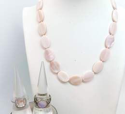 Romantic 925 Pink Mother of Pearl Ovals Beaded Necklace & Rose Quartz Cubic Zirconia Halo & Shell Scrolled Rings 37.3g