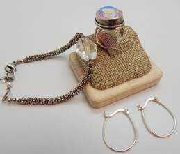 Romantic Sterling Silver Aurora Borealis Bracelet & Ring w/ Hoop Earrings 25.8g