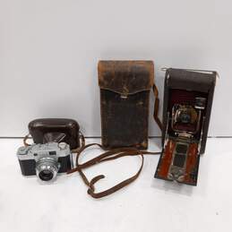 Bundle of 2 Vintage Taron 35 & Kodak Folding Red Bellows Cameras