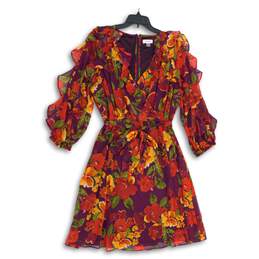 Womens Purple Orange Red Floral Ruffle Tie Waist Faux Wrap Dress Size 14