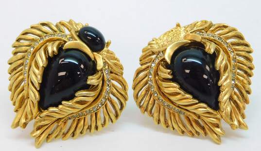 Vintage Oscar De La Rent Goldtone Faux Onyx Cabochons & Rhinestones Feathers Teardrop Clip On Statement Earrings 35.7g image number 3