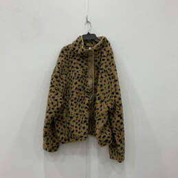 NWT Womens Brown Tahoe Teddy Cheetah Print Long Sleeve Snap Jacket Size 3X
