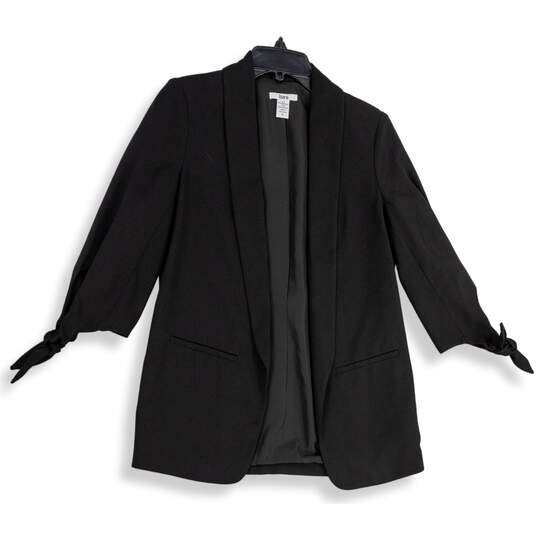 Womens Black Shawl Collar Welt Pocket Tie Sleeve Open Front Blazer Size S image number 1