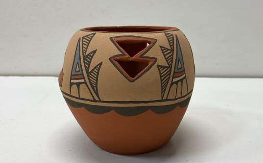 Native American Pottery and Textile Small Rug Vintage Pueblo Vase Signed Jemez image number 4