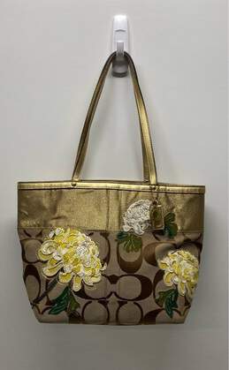 COACH 12204 Tan Gold Floral Signature Canvas Tote Bag