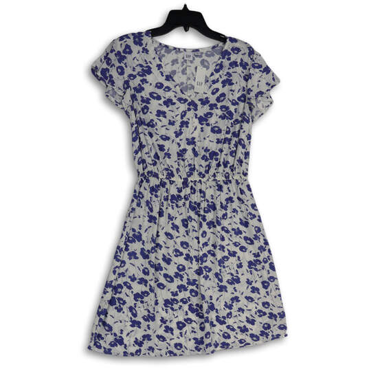 NWT Womens Blue White Floral V-Neck Knee Length Blouson Dress Size Medium image number 1