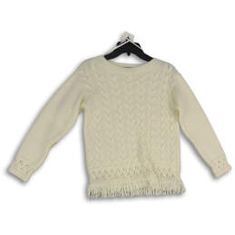 Womens White Long Sleeve Frange Hem Ribbed Pullover Sweater Size S