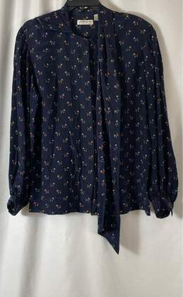 Liz Claiborne Womens Navy Blue Silk Dog Print Long Sleeve Blouse Top Size 14