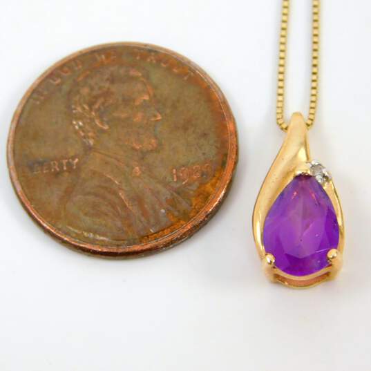 14K Yellow Gold Teardrop Amethyst Round Diamond Accent Pendant Necklace 2.2g image number 7