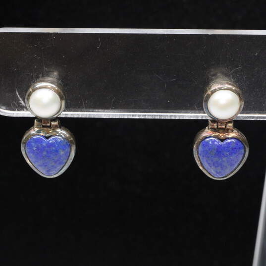 Sterling Silver Pearl & Denim Lapis Drop Earrings - 3.7g image number 1