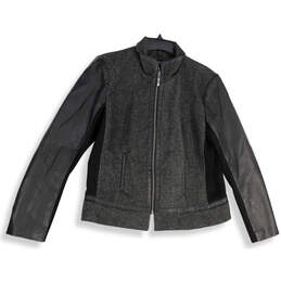 Womens Black Gray Wool Blend Faux Leather Long Sleeve Full-Zip Jacket Sz XL