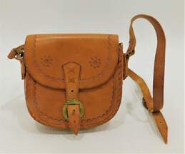Vintage Caramel Brown Tooled Leather Small Shoulder Bag Purse Metal Buckles