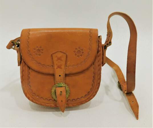 Vintage Caramel Brown Tooled Leather Small Shoulder Bag Purse Metal Buckles image number 1