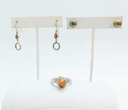 Artisan 925 Sunstone Cabochon Ring & Garnet Drop & Ball Post Earrings