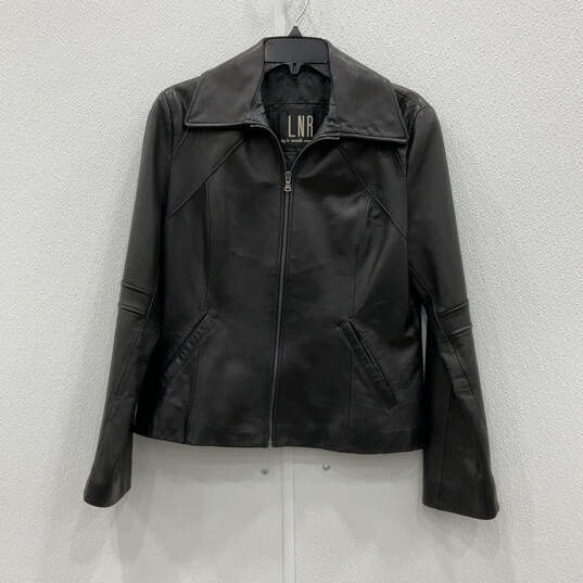 Womens Black Leather Long Sleeve Side Pocket Full-Zip Biker Jacket Size L image number 2