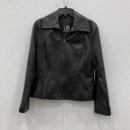 Womens Black Leather Long Sleeve Side Pocket Full-Zip Biker Jacket Size L alternative image