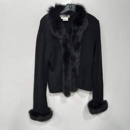 Carlisle Women's Black Merino Wool Cardigan Sweater Jacket with Real Fur Trim L