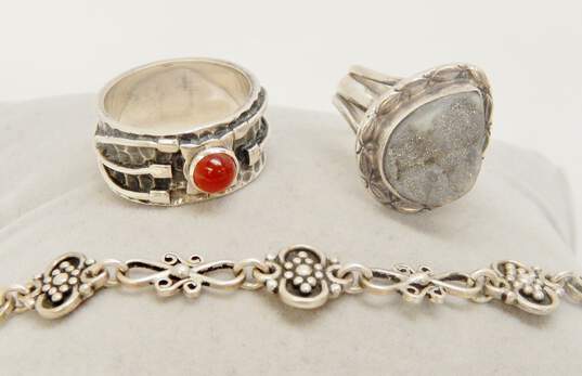 Artisan 925 Textured Druzy & Carnelian Rings w/ Granulated Bracelet 20.8g image number 1