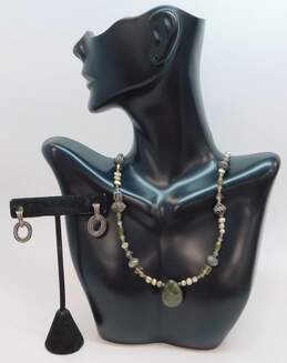 Tres Jolie & Barse 925 Faceted Labradorite Teardrop Pearls Crystals & Ball Bead Necklace & Rope Open Oval Drop Post Earrings 32.1g