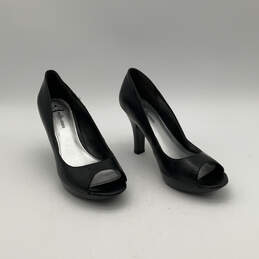 Womens Black Leather Peep Toe Classic Slip-On Stiletto Pump Heels Size 8M