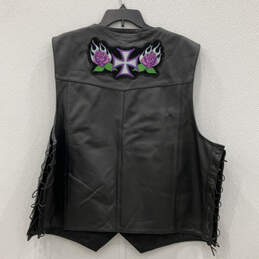 Mens Black Leather Patches Side Laces Pockets Snap Biker Vest Size 54 alternative image