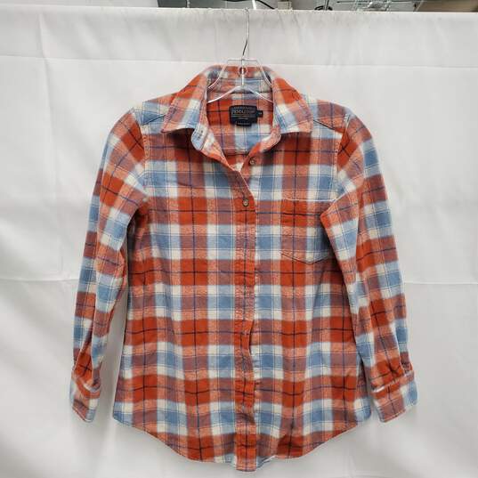 Pendleton Youth Blue & Orange Plaid 100% Virgin Wool Long Sleeve Shirt Size XS image number 1