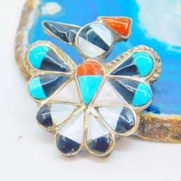 Artisan Zuni 925 Southwestern Bird Turquoise Coral Mother of Pearl & Onyx Inlay Pendant Brooch & Sunface Ring 5.6g alternative image