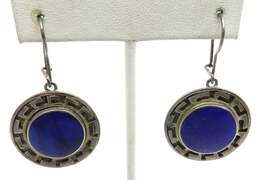 Chile 950 Silver Lapis Inlay Textile Pattern Disc Statement Drop Earrings