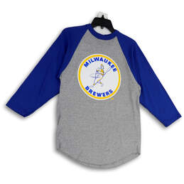 Mens Gray Blue Milwaukee Brewers Long Sleeve Pullover T-Shirt Size Medium