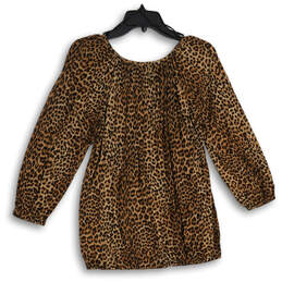 Womens Beige Brown Cheetah Print Round Neck Long Sleeve Blouse Top Size S alternative image