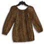 Womens Beige Brown Cheetah Print Round Neck Long Sleeve Blouse Top Size S image number 2