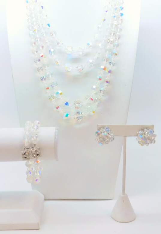 Vintage Aurora Borealis Multi Strand Necklace & Bracelet w/ Clip On Earrings 161.6g image number 1