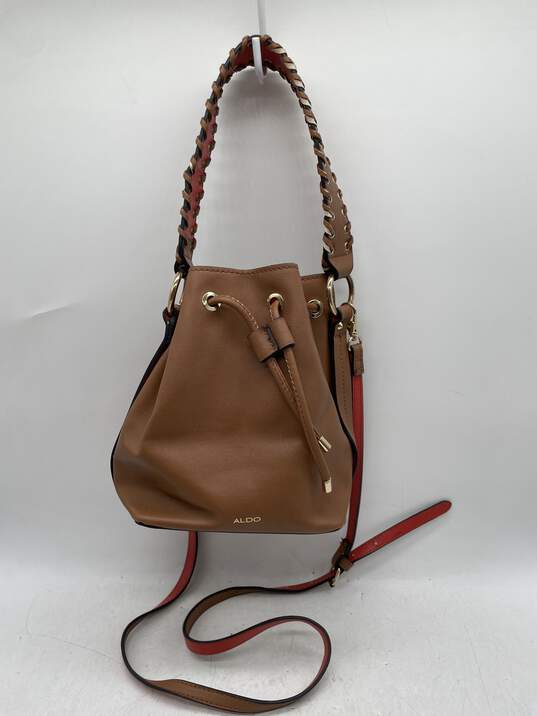 Womens Brown Leather Detachable Strap Drawstring Bucket Bag W-0557675-E