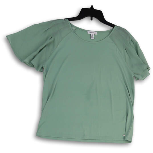 Womens Green Short Ruffle Sleeve Round Neck Pullover Blouse Top Size M image number 1