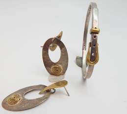 Vintage Taxco Sterling Silver Brass Buckle Bracelet & Mexican Modernist Earrings 25.3g