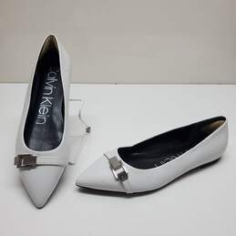 Calvin Klein Women's White Leather Angel Pointed-Toe Buckle-Detail Flat Size 7M