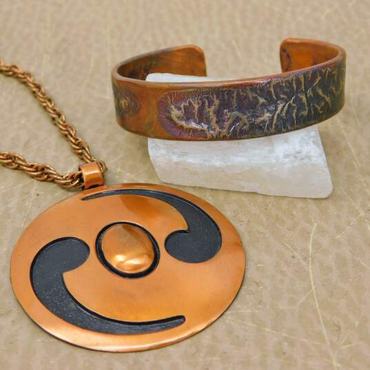 Vintage Bell Trading Post & Artisan Copper MCM Dome Overlay Brushed Disc Pendant Chain Necklace & Textured Wide Cuff Bracelet 60.7g image number 1