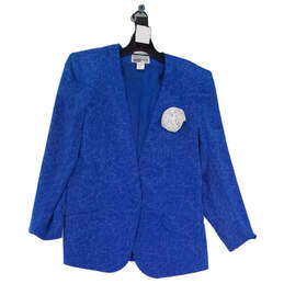 Womens Blue Abstract V Neck Long Sleeve One Button Blazer Jacket Size 8