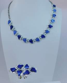 Vintage Unsigned Possible Coro Or Lisner Silver Tone Blue Lucite Leaves Necklace & Clip Earrings Set 57.6g alternative image