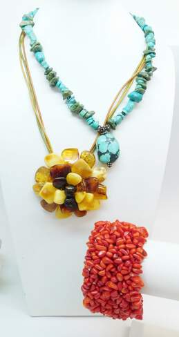 Boho Artisan Amber & Turquoise Pendant Necklaces & Coral Chunky Stretch Bracelet 182.6g