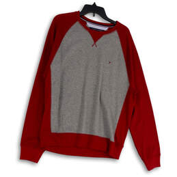 Mens Gray Red Round Neck Long Sleeve Pullover Sweatshirt Size Large