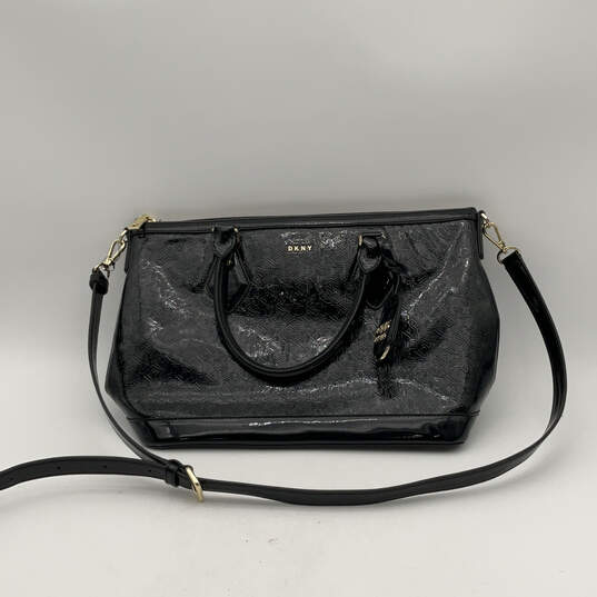 Womens Black Leather Bag Charm Double Handle Adjustable Strap Satchel Bag image number 1